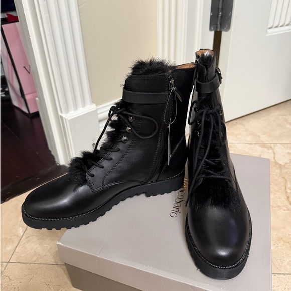 Franco Sarto Black Fur Trim Combat Boots - Picture 2 of 5